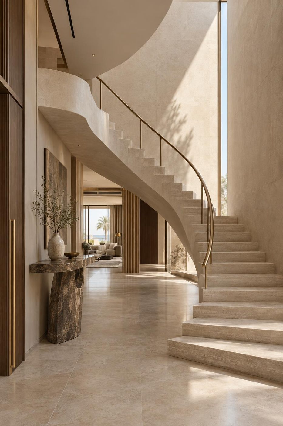 Visualisation of Entrance Stair Study 09: a cantilevered stone stair under a rooflight