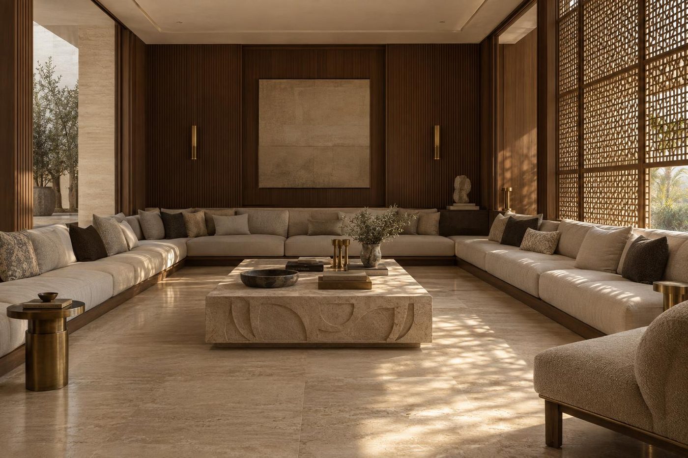 Visualisation of the majlis of Jumeirah Villa 03, daylight through mashrabiya screens