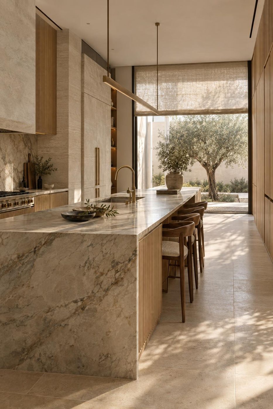 Visualisation of Kitchen Study 06: a marble island, fluted oak and an olive courtyard