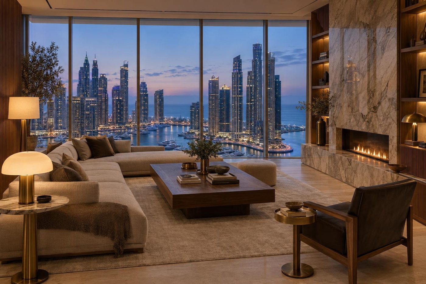 Visualisation of the living room of Marina Penthouse 05 at blue hour, the marina below