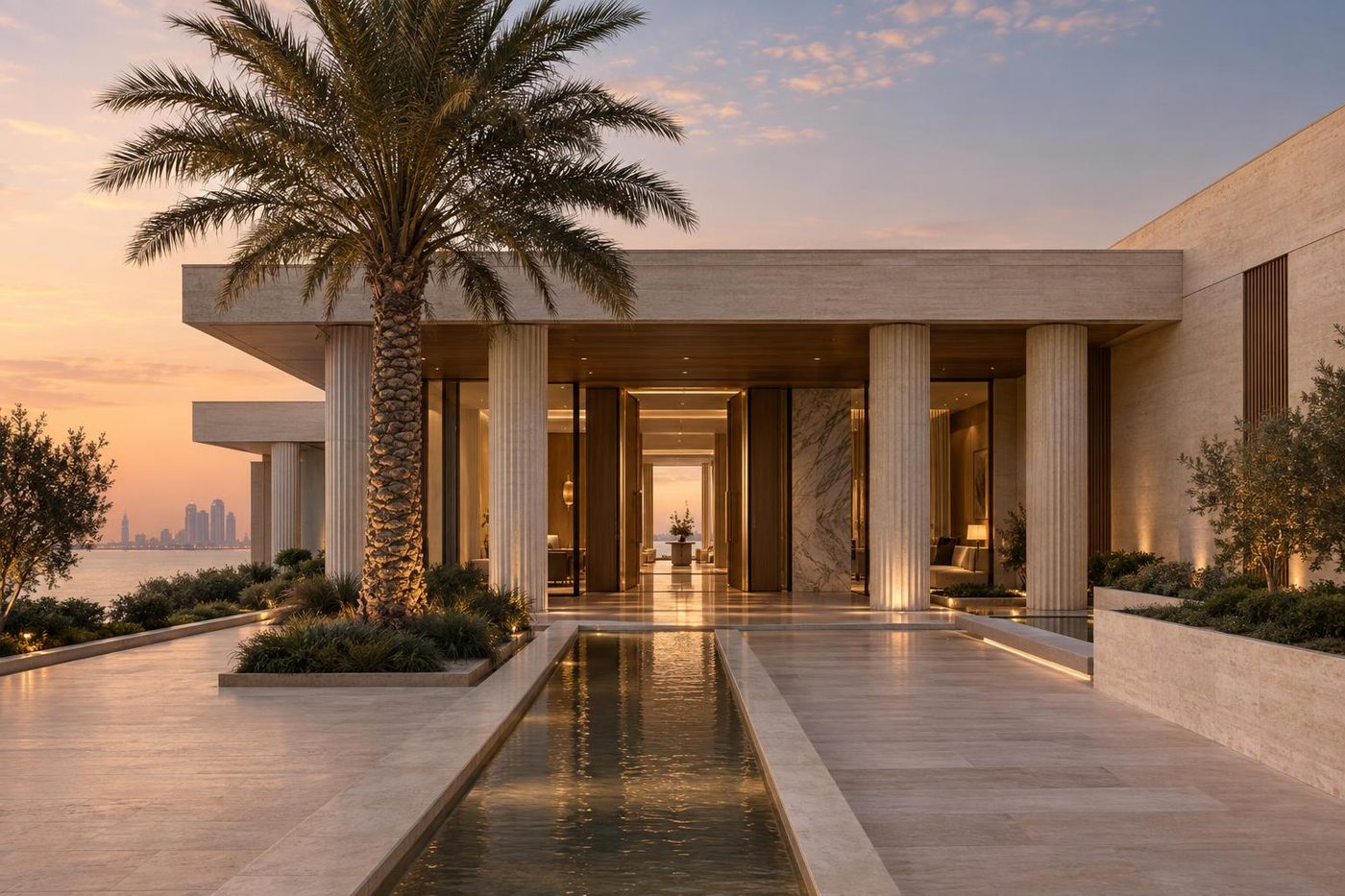 Visualisation of the arrival court of Palm Villa 01 at dusk