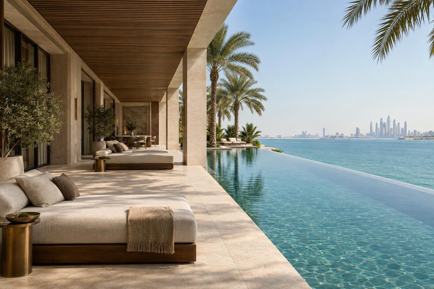 Visualisation of the pool of Palm Villa 01 reading as one line with the sea