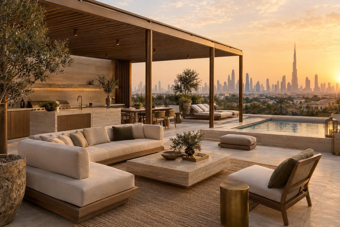 Visualisation of Roof Terrace Study 08: a bronze pergola at golden hour