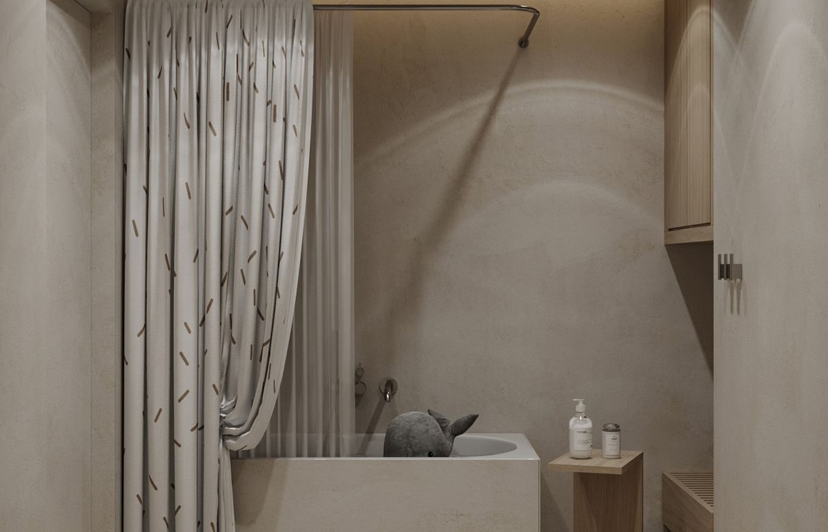 Visualisation of the bathing room of Marina Apartment 02 in soft stone