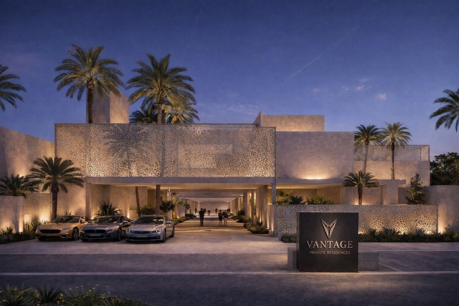 Visualisation of the arrival front of a new-build residence on The Palm, Dubai, at dusk, lit stone screens above a deep covered entrance