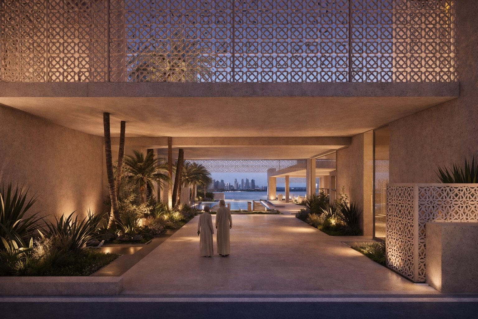 Visualisation of the shaded arrival colonnade of a new-build residence on The Palm, Dubai, looking through planting to a pool and the Marina skyline