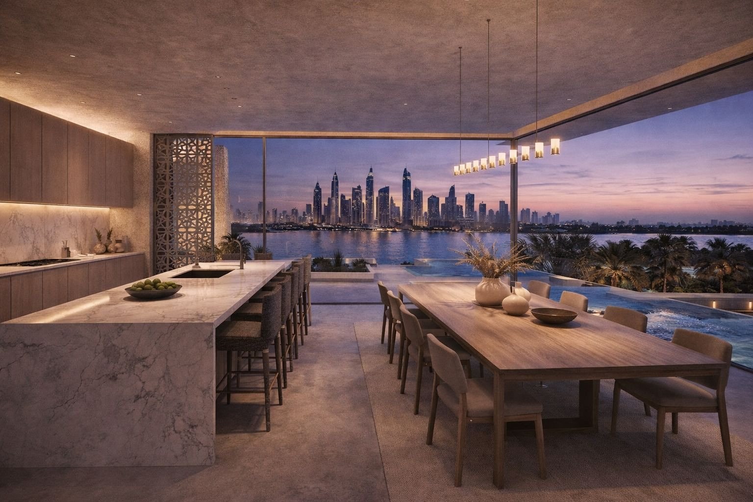 Visualisation of the kitchen and terrace of a new-build villa on The Palm, Dubai, the pool and the Marina skyline beyond