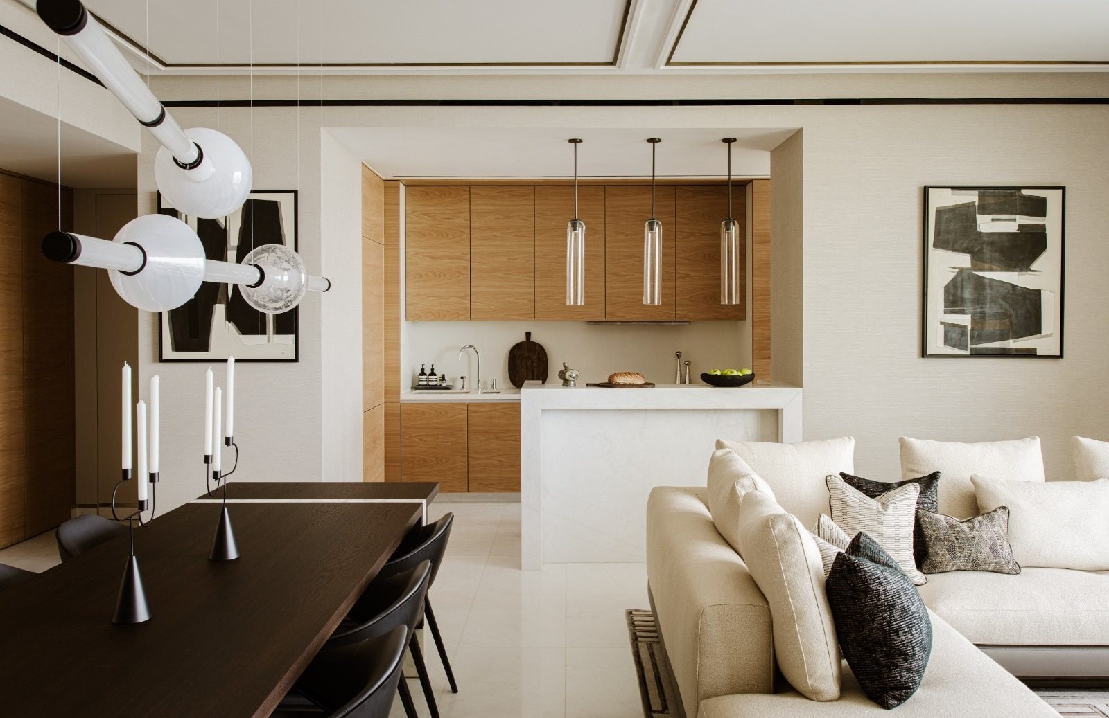 The finished kitchen and dining room of a luxury apartment at Royal Atlantis, The Palm, Dubai
