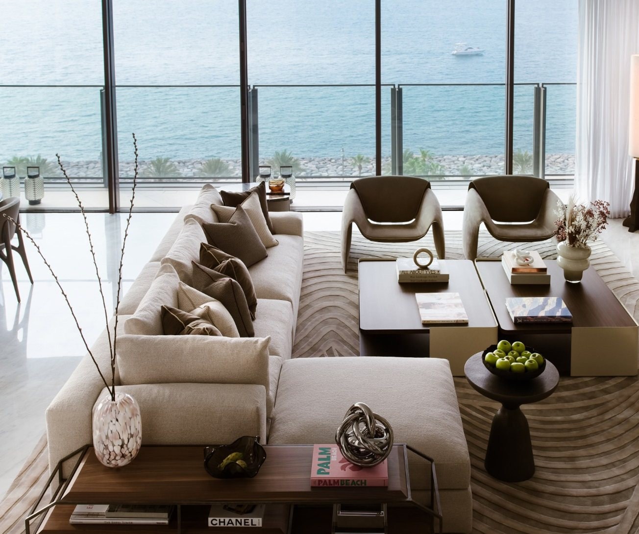 The finished living room of a luxury apartment at Royal Atlantis, The Palm, Dubai, open to the sea